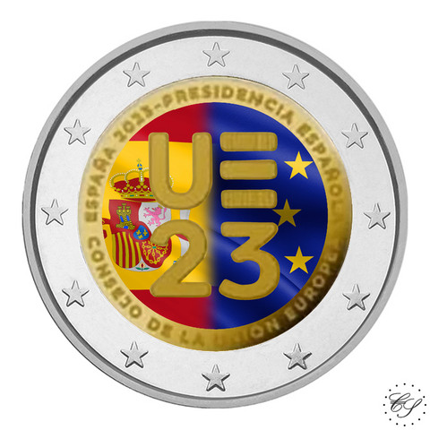 Espanja 2 € 2023 EU-puheenjohtajuus, väritetty (#2)