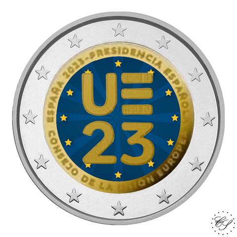 Espanja 2 € 2023 EU-puheenjohtajuus, väritetty (#3)