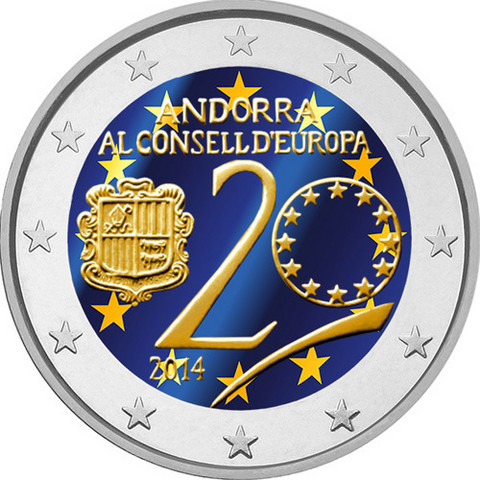 Andorra 2 € 2014 Euroopan Neuvosto 20 vuotta väritetty