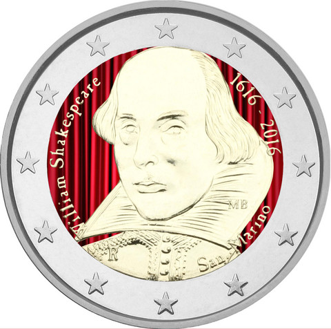 San Marino 2 € 2016 William Shakespeare väritetty