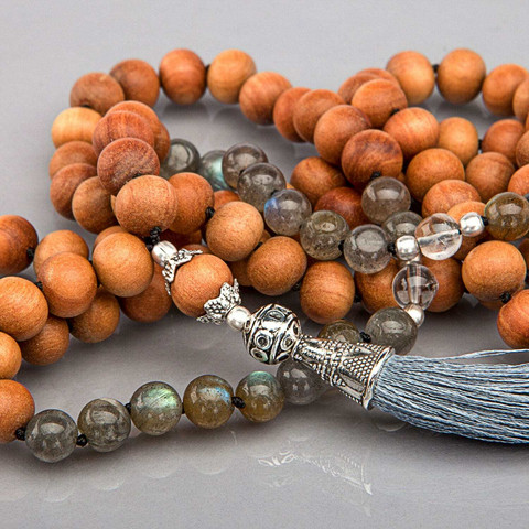 Mala Necklace -  Labradorite, Rock Crystal and Sandalwood, 108 beads
