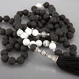 Mala lava stone/okenite with black tassel, 108 beads