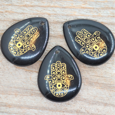 Riipus Obsidiaani musta 'Hamsa Drop' 32*25mm