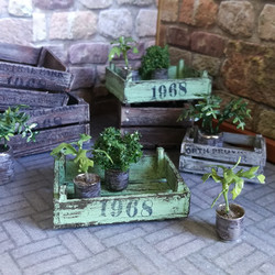 Puulaatikko - Vintage vihreä + kasvit 2 kpl